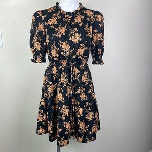 Short Sleeve High Neck Ruffle Fit&Flare Dress Dark Floral